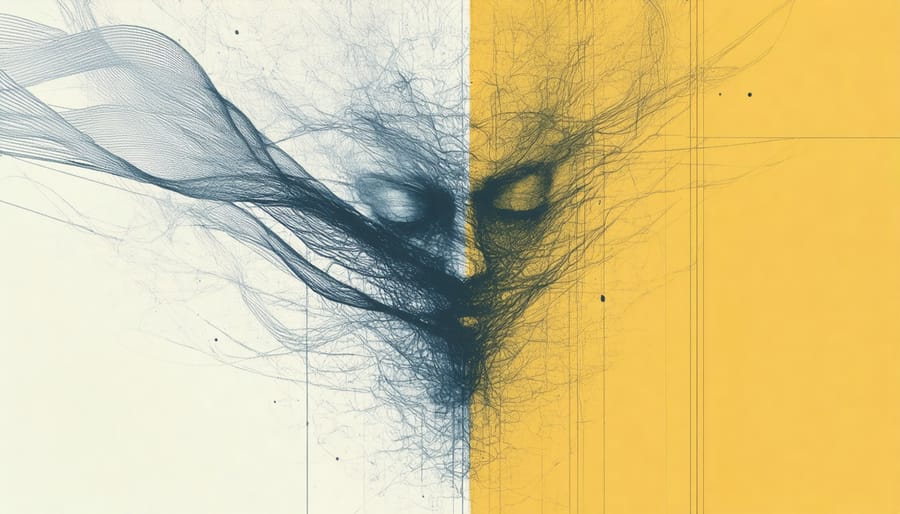 Conceptual art depicting anxiety and fear through tangled lines and shadowy figures