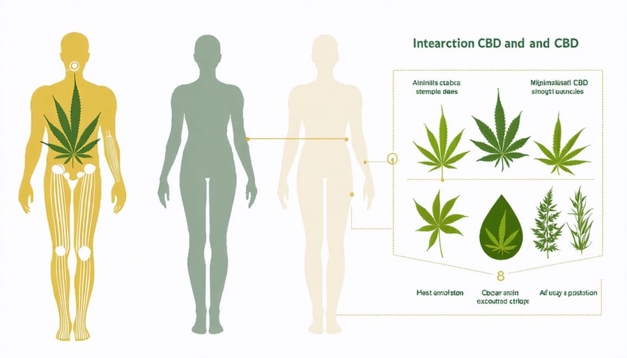 Conceptual illustration of CBD molecules interacting with the endocannabinoid system