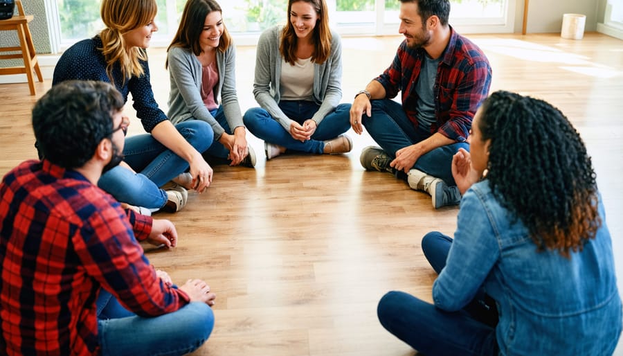 Group of parents sitting in a circle, engaging in a supportive discussion