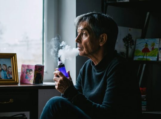 A parent sitting in a dimly lit room, holding a vaping device with a concerned expression, symbolizing the mental health concerns surrounding parental awareness of teen vaping.