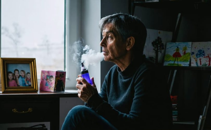 A parent sitting in a dimly lit room, holding a vaping device with a concerned expression, symbolizing the mental health concerns surrounding parental awareness of teen vaping.