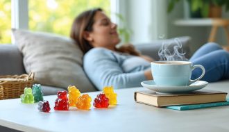 A relaxed parent enjoying a peaceful moment with CBD gummies and herbal tea in a cozy, sunlit room, surrounded by subtle hints of the challenges of parenting.