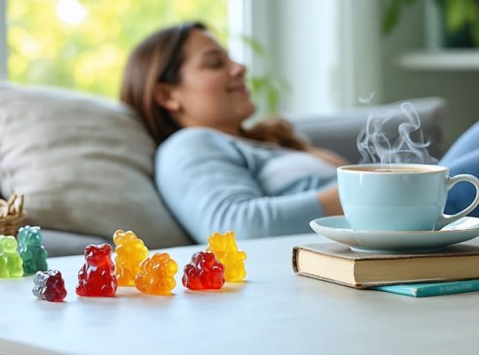 A relaxed parent enjoying a peaceful moment with CBD gummies and herbal tea in a cozy, sunlit room, surrounded by subtle hints of the challenges of parenting.