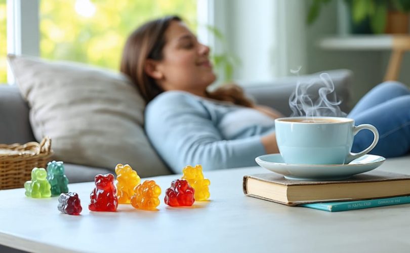 A relaxed parent enjoying a peaceful moment with CBD gummies and herbal tea in a cozy, sunlit room, surrounded by subtle hints of the challenges of parenting.