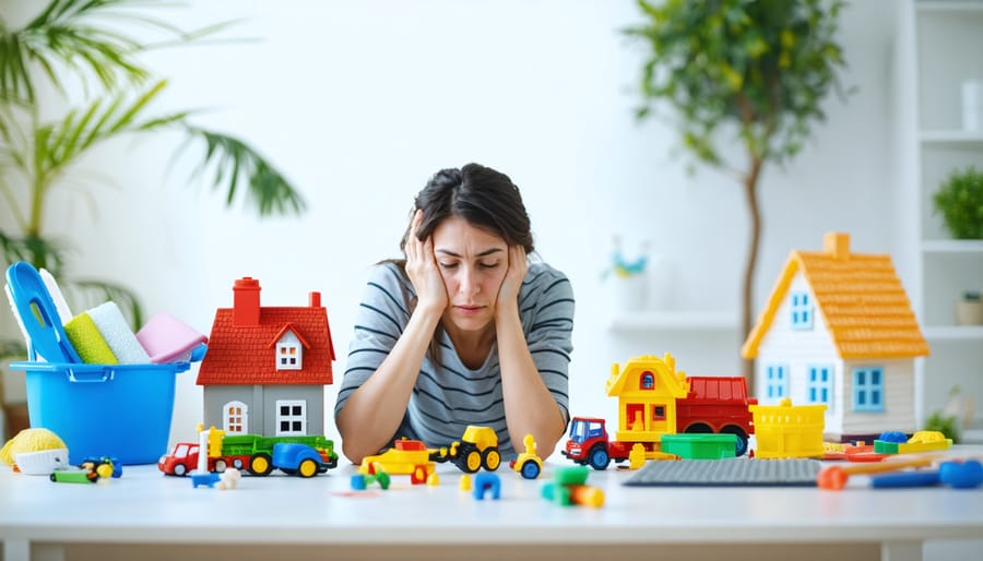 A parent showing stress amidst a cluttered home environment with toys