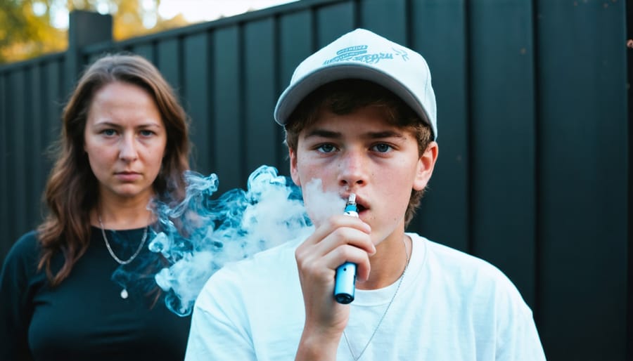 Teen holding a vaping device with a worried parent watching in the background